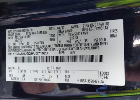 2017 Ford Escape Titanium z USA, uszkodzony, nr VIN 1FMCU9JD2HUD71023